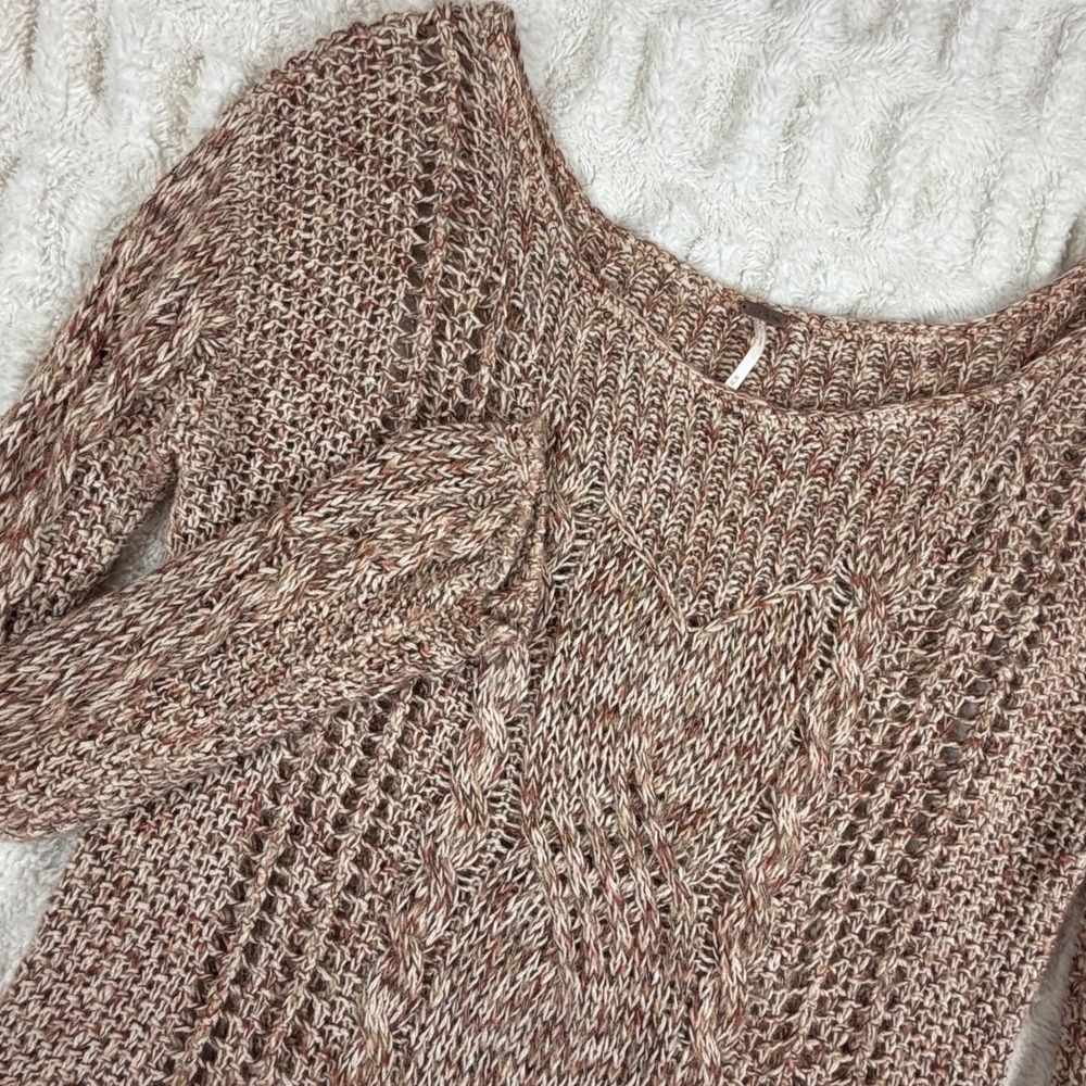 Free People Marled Brown Cable Knit Open Weave Sweater M Scoop Neck High Low Hem